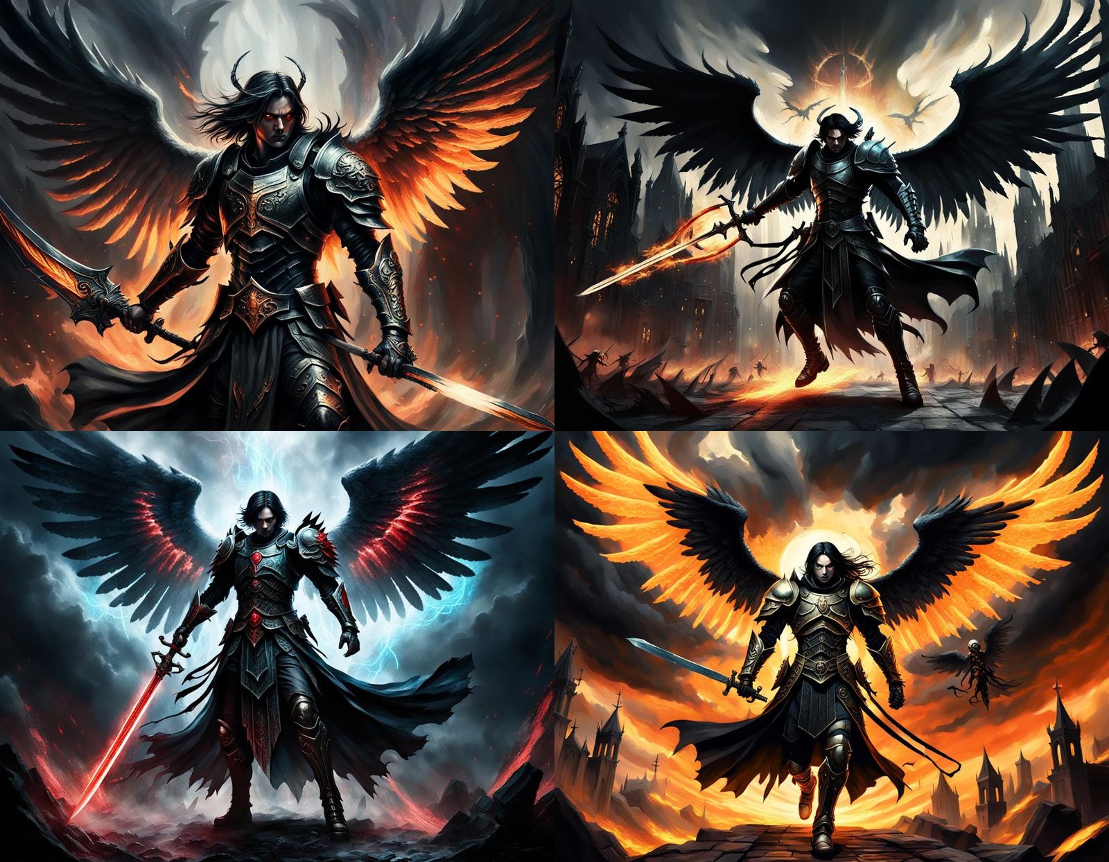 Angel with Black Wings Fights Demons