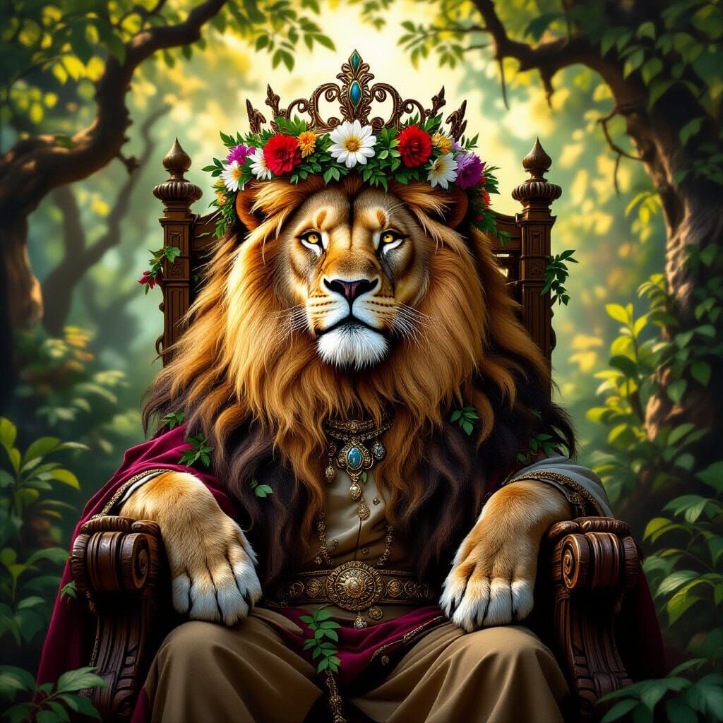 Regal Lion King on Oak Throne in Forest