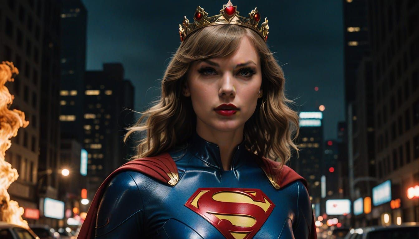 Taylor Swift as a Royal Black Superhero in Metallic Latex