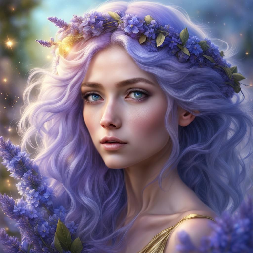 Fairy Portrait with Flowing Hair and Lavender Wreath