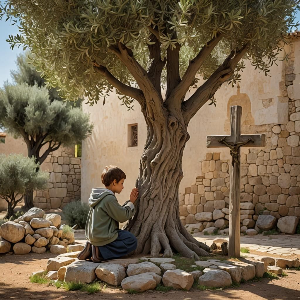 Child Praying by Olive Tree and Cross