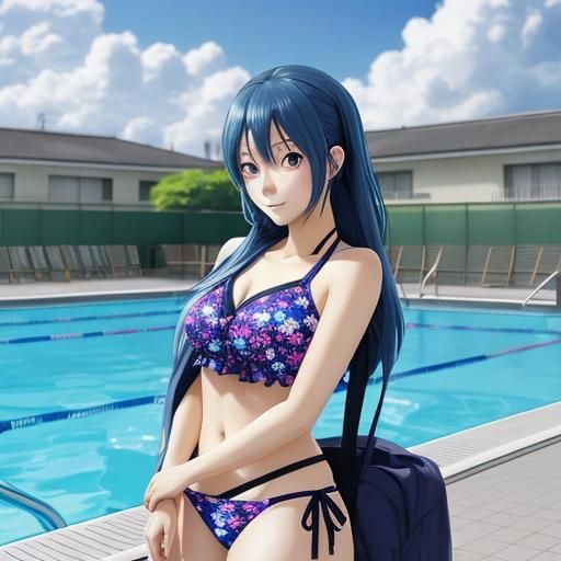 Anime Girl at Poolside Changing to Bikini
