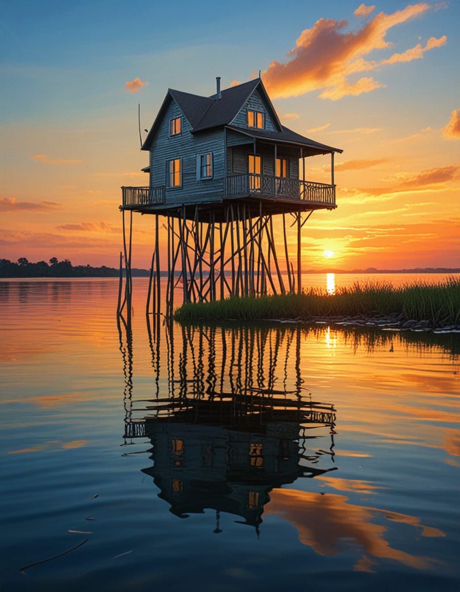 Stilt House Island Sunset: Impressionist Oil Painting