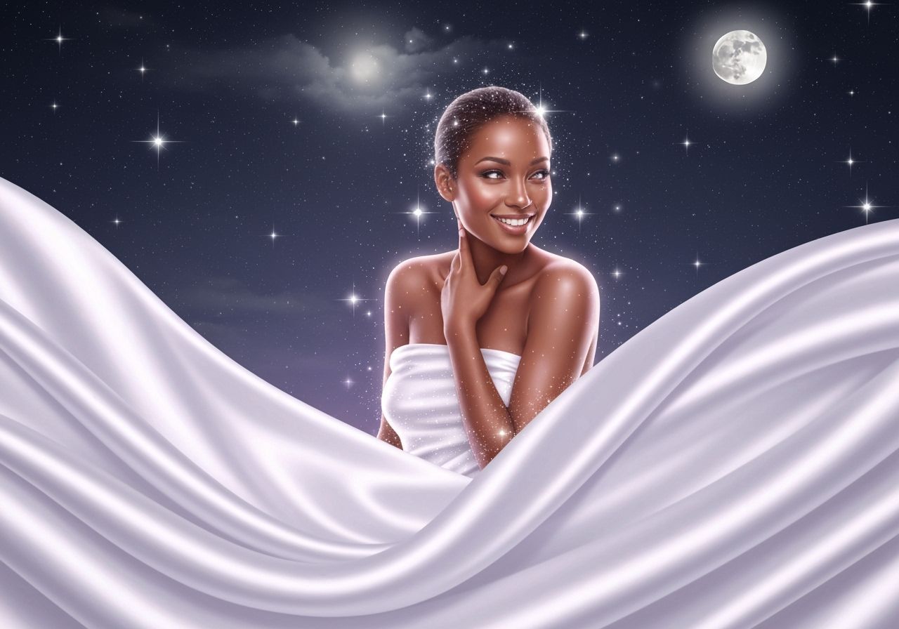 Goddess in White Satin Against Starry Night Sky
