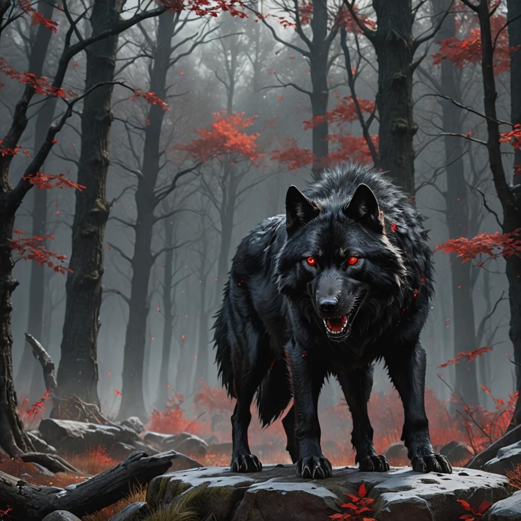 A huge black wolf with red eyes