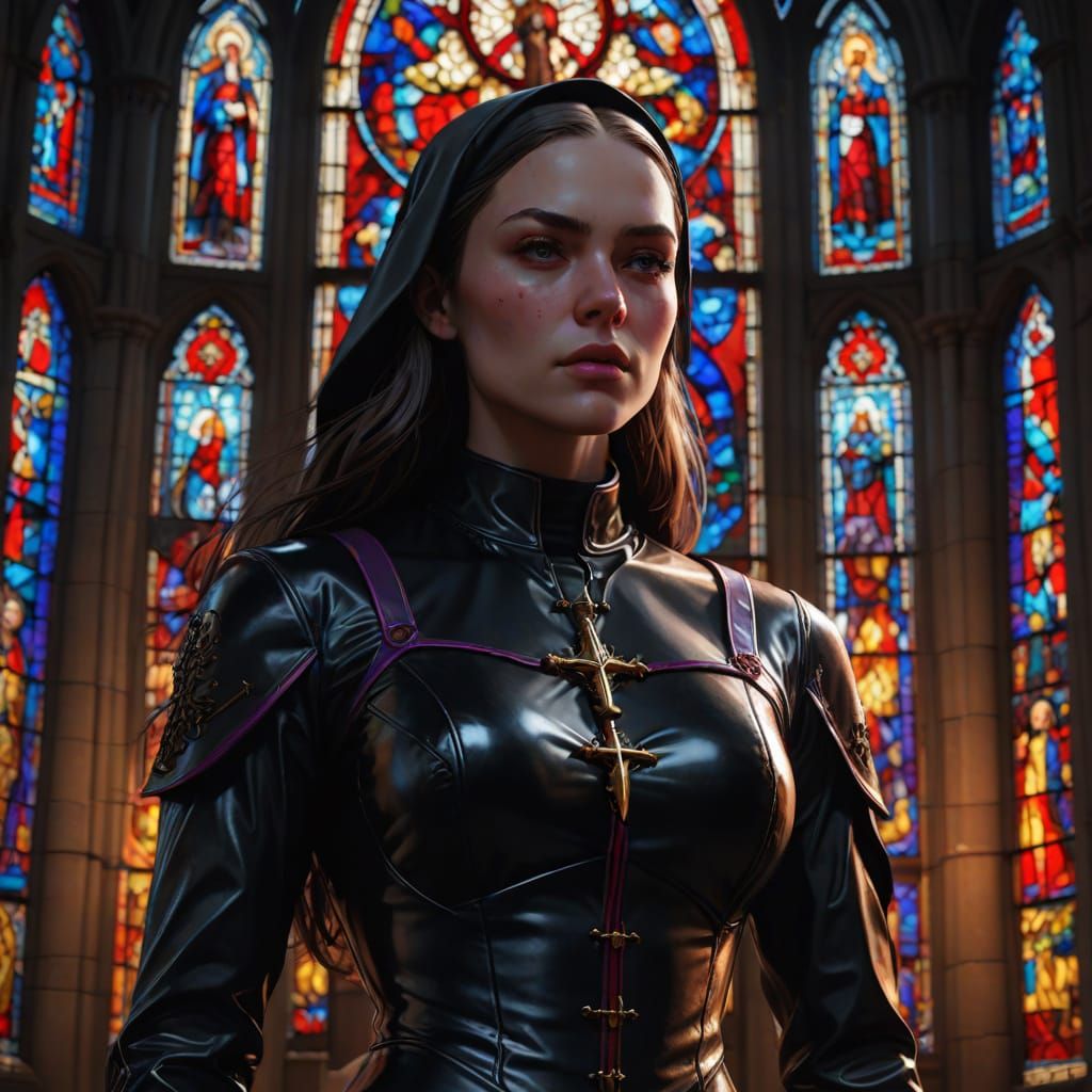 Gothic Nun in Latex Suit, Hyperrealistic Concept Art