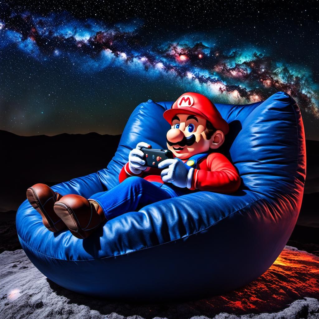 Hyperrealistic Mario Relaxing Under Starry Sky