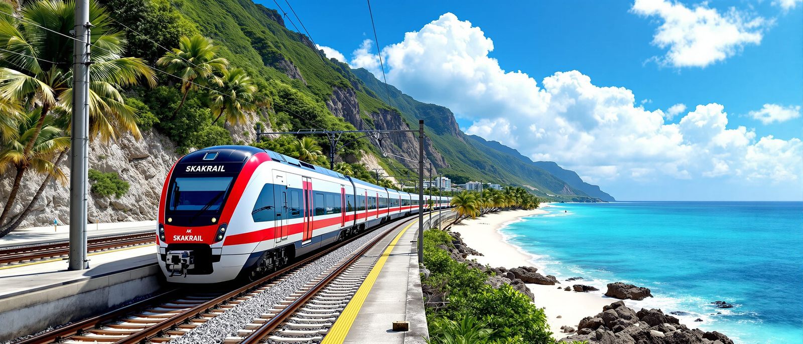 Coastal Train Station with Modern Electric Train in Daylight