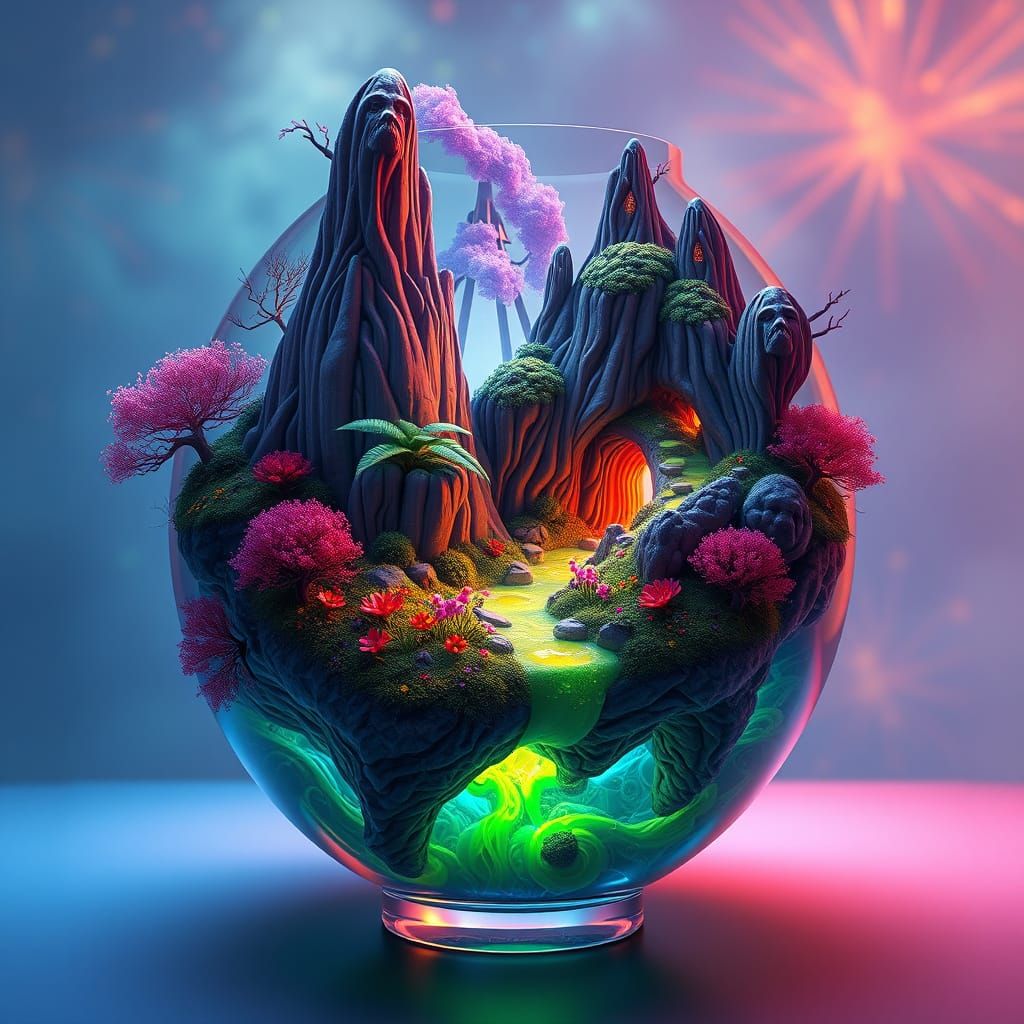a 3D water colour beautiful vibrant magical landscape illustration in a Vase, Vibrant, Cinematic, 3D render