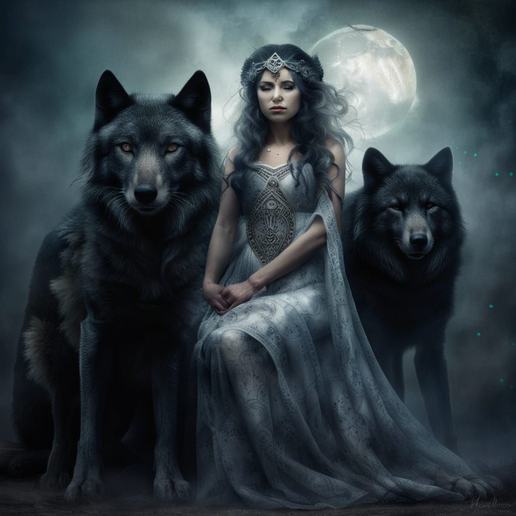 Moon Goddess Portrait with Wolves in Fantasy Style