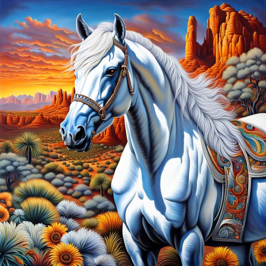 Magnificent White Horse with Silver Mane in Arizona