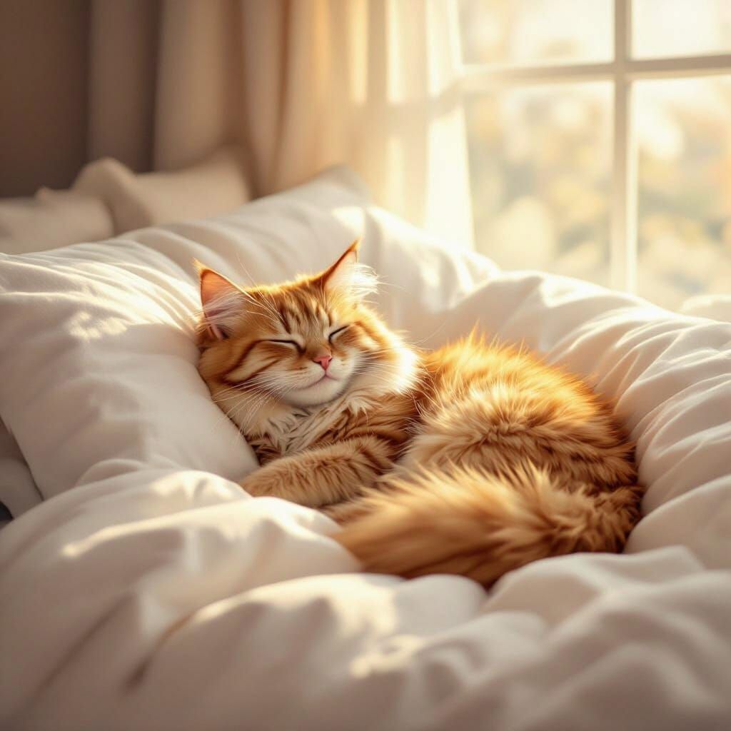 Fluffy Ginger Cat Sleeping in a Cozy Bed