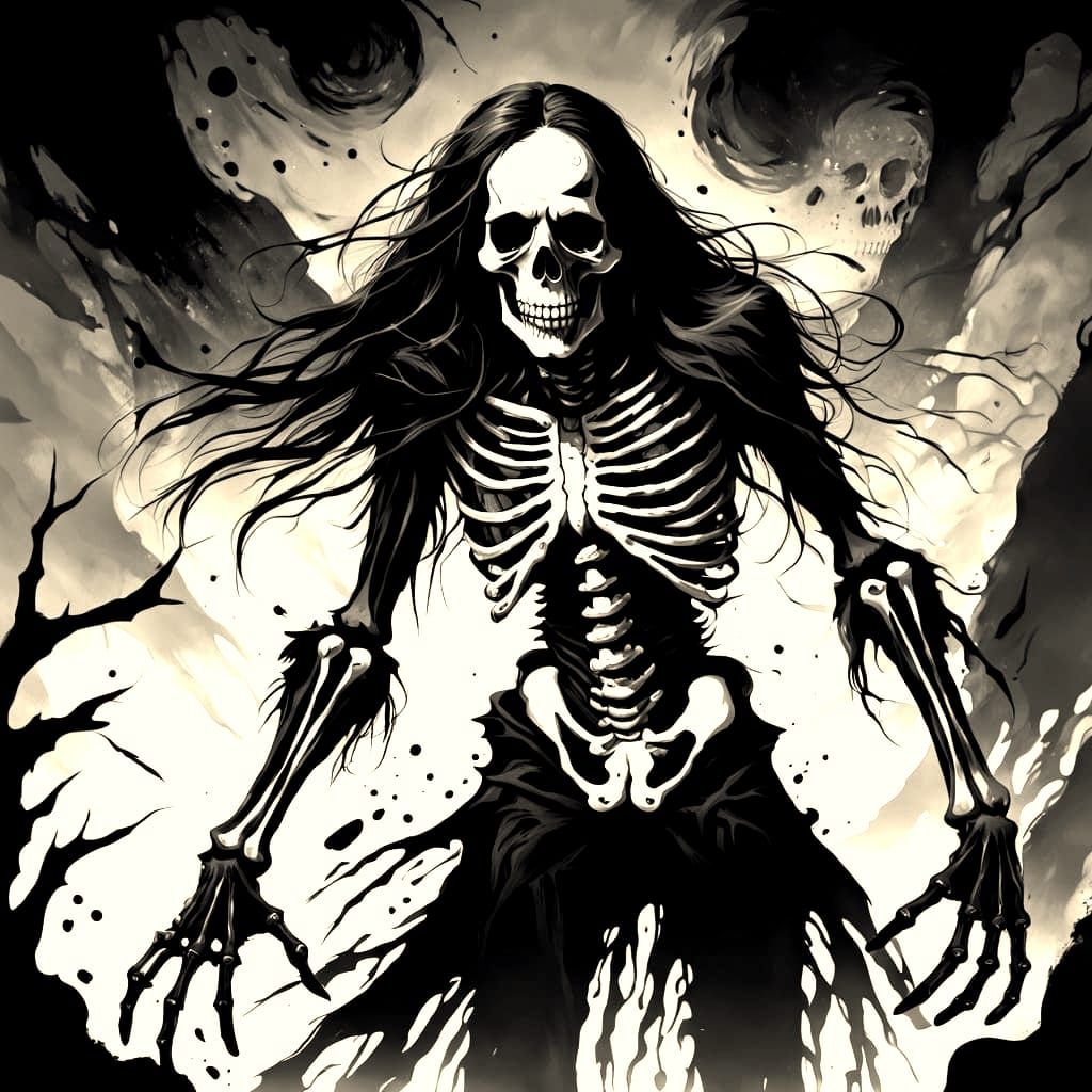 Menacing Skeleton Emerging from Black Paint Splatter