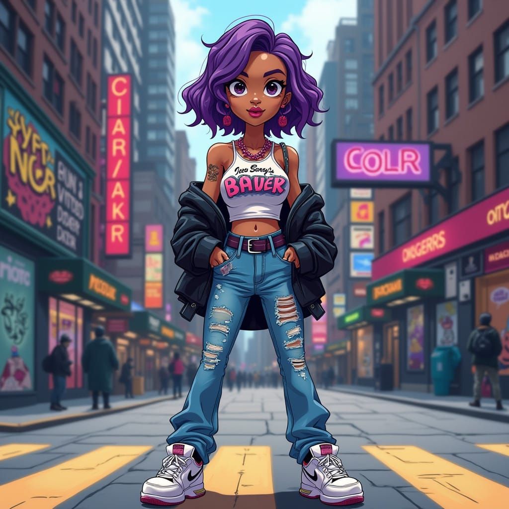 Korean-Dominican Anime Woman Stands Tall in NYC Street Scene
