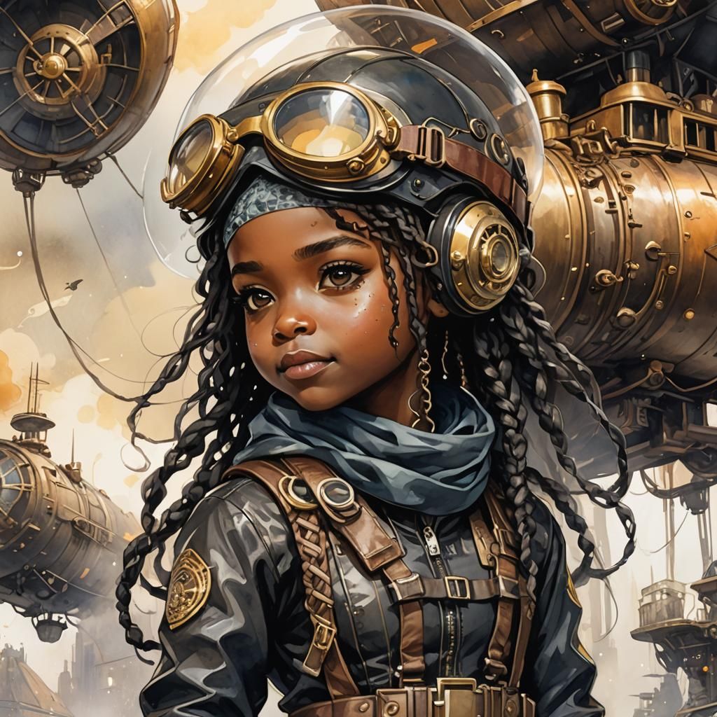 Chibi Toddler in Steampunk Flying Suit: Watercolor Art