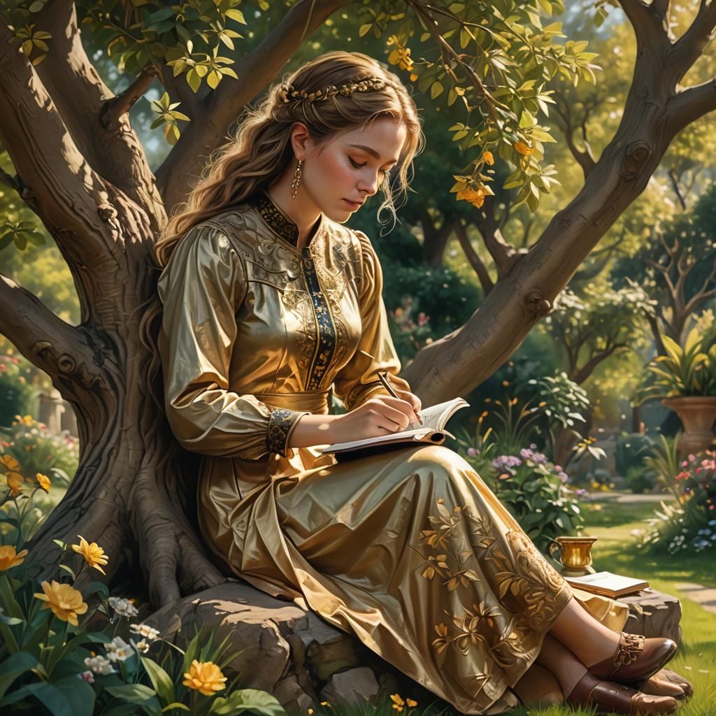Woman Writing in Garden: Hyper-Realistic Digital Painting