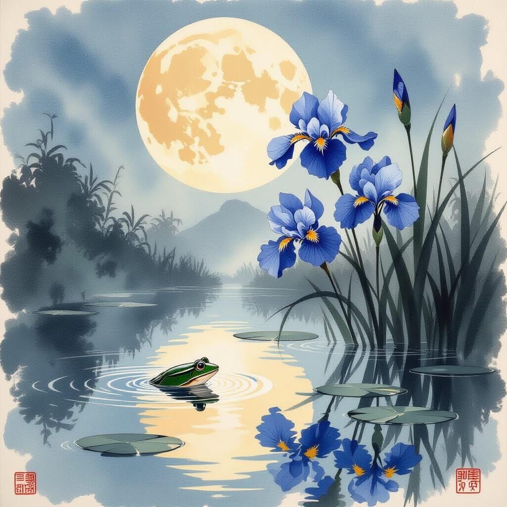 Blue Irises Bloom: Japanese Ukiyo-e Pond Scene
