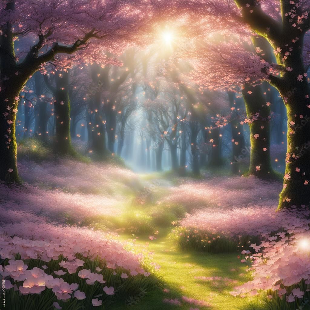 Sakura Meadow with Fairy Angels at Dawn