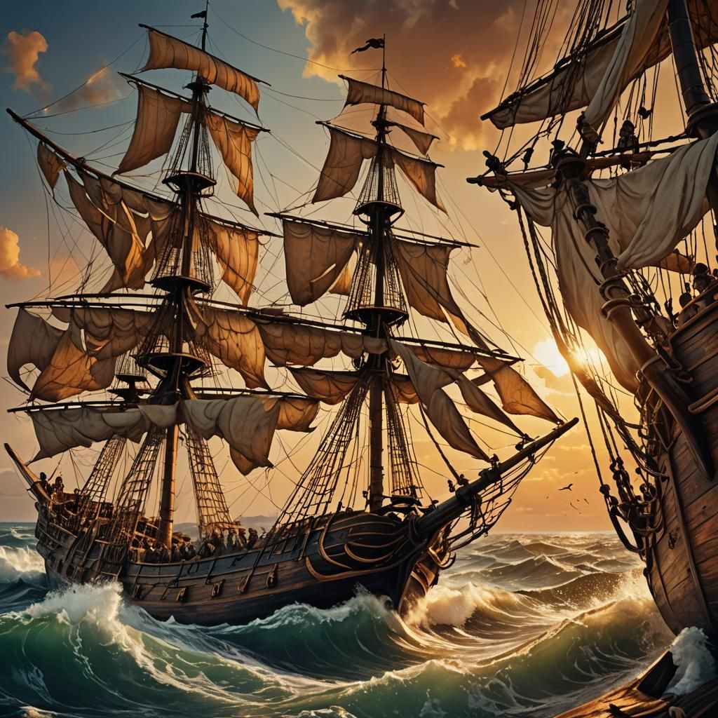 Pirates on Sailing Ship in Sunset, Digital Art