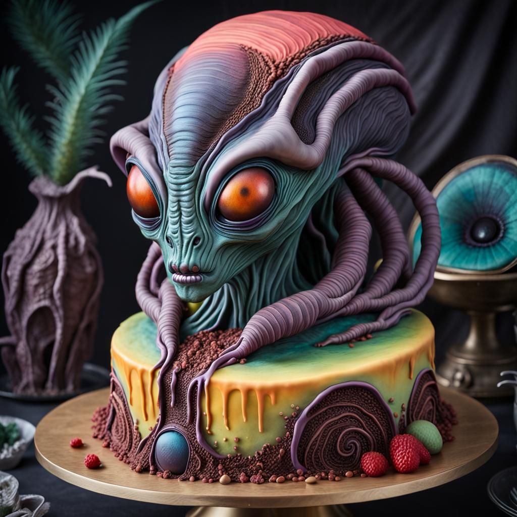 cake in the form of a detailed alien sculpture