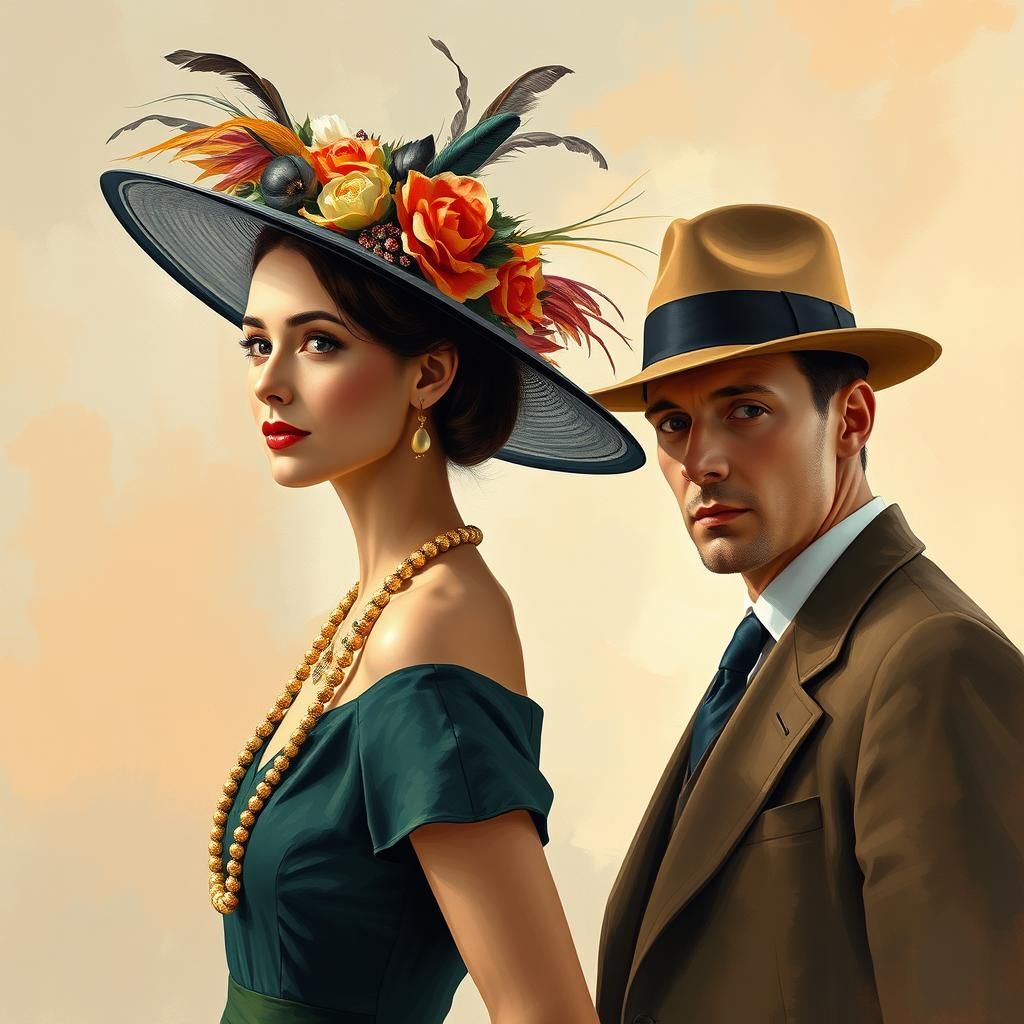Elegant Couple in Hats, Impressionist Digital Art