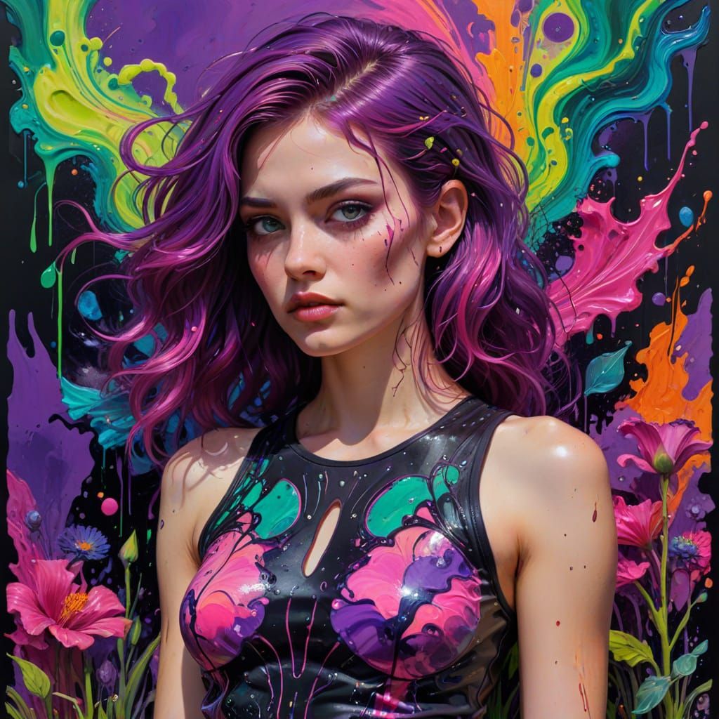 Cyberpunk Oil Drip Portrait with Gold Accents