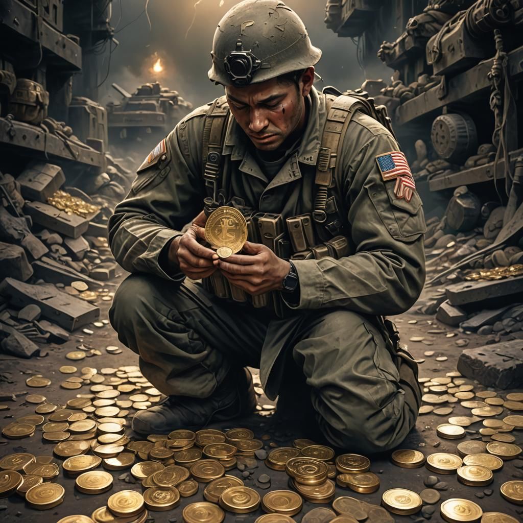 Soldier with Bitcoin in War, Digital Painting