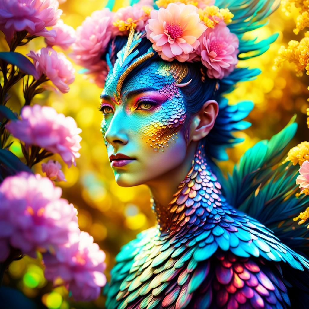 Dragon Peacock Woman in Lush Garden, 3D Digital Art