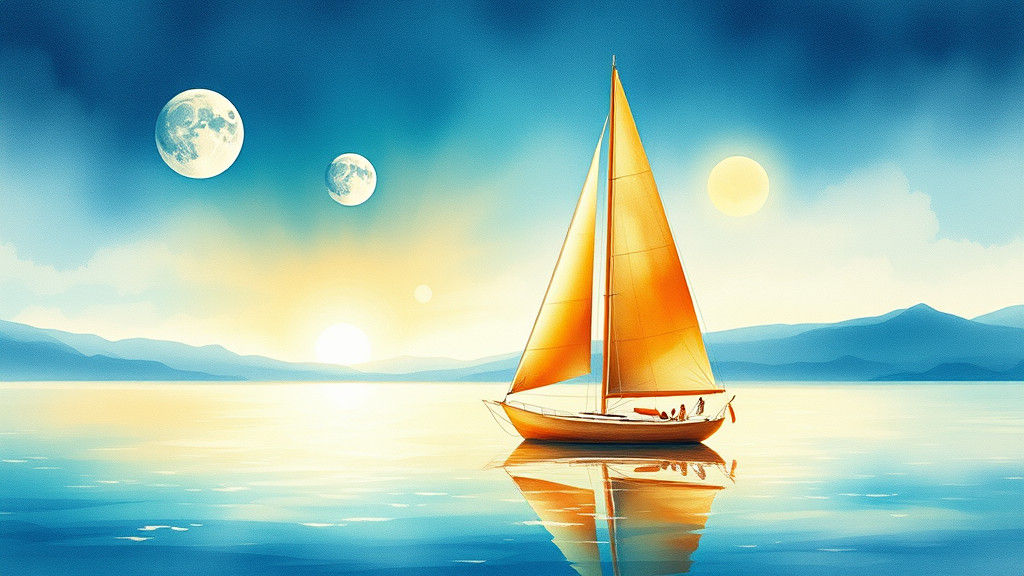 Golden Sailboat on Shimmering Lake Under Moonlight