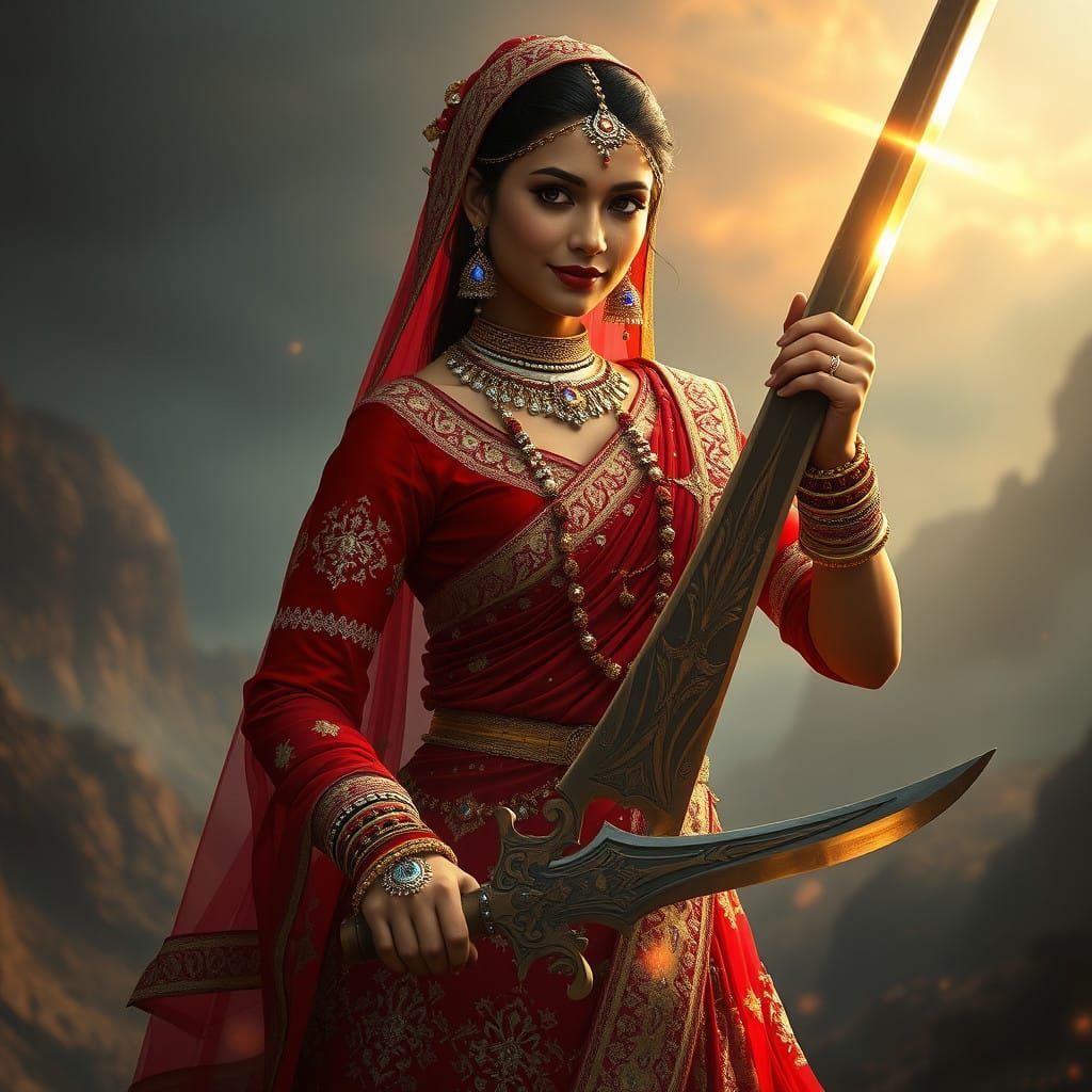 Regal Rajput Warrior in Vibrant Red Ghagra Choli