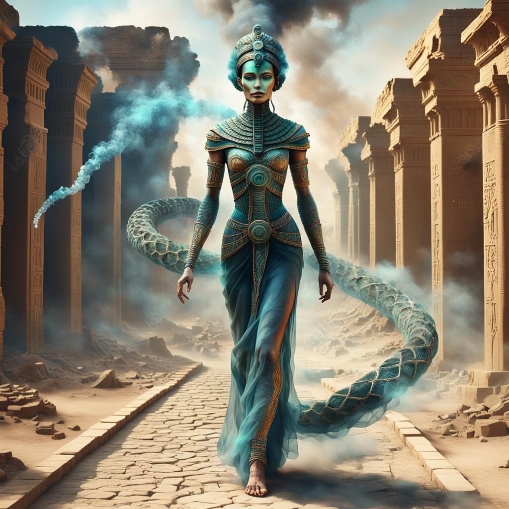 Crystal Serpent Woman Walks to Egypt Ruins