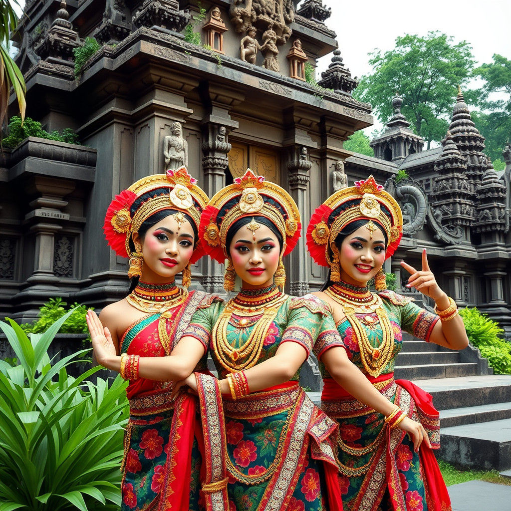 Javanese Dancers in Traditional Attire and Temple