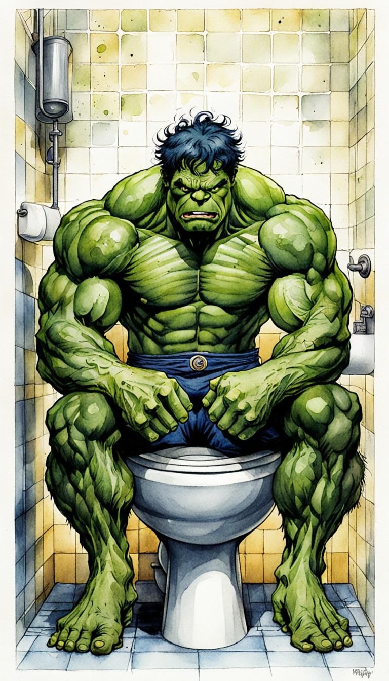 Hulk on Toilet in Storybook Comic Style