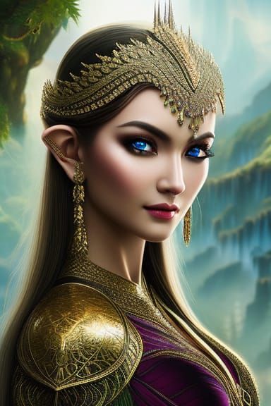Elven Queen Portrait with Green Eyes and Lace Clothing