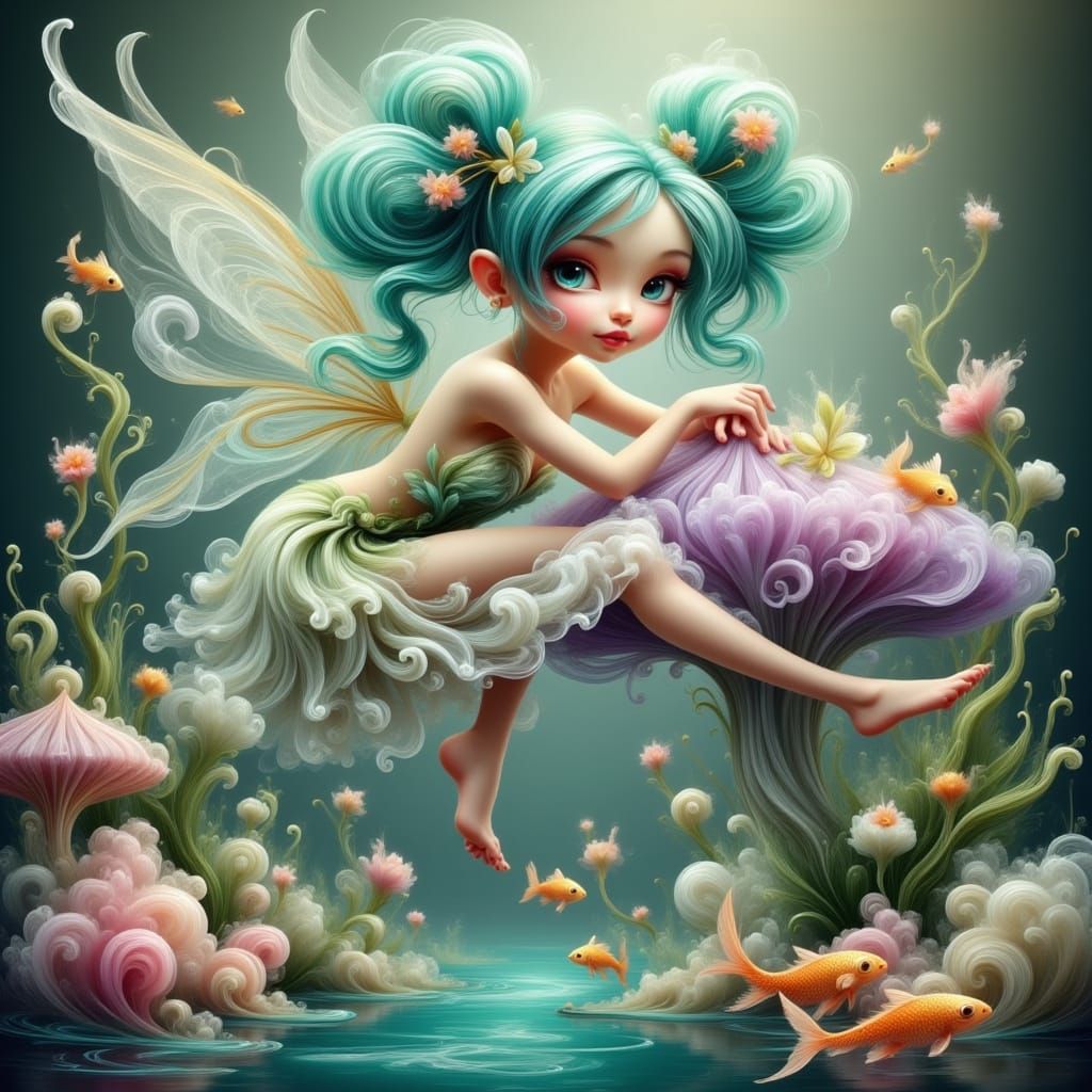 Whimsical Fairy with Teal Pigtails on Mushroom