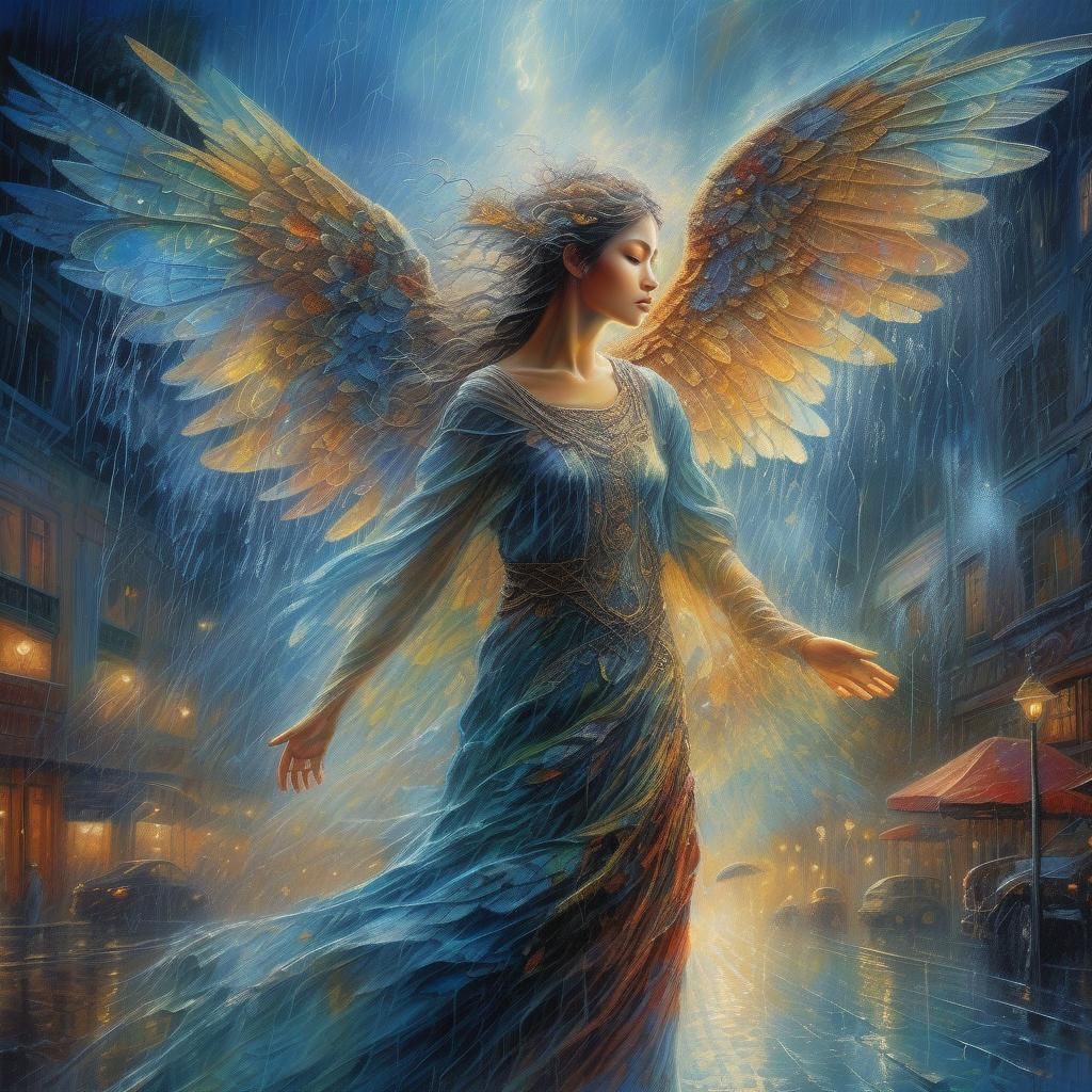 Ethereal Angel Bathed in Rain, Digital Art