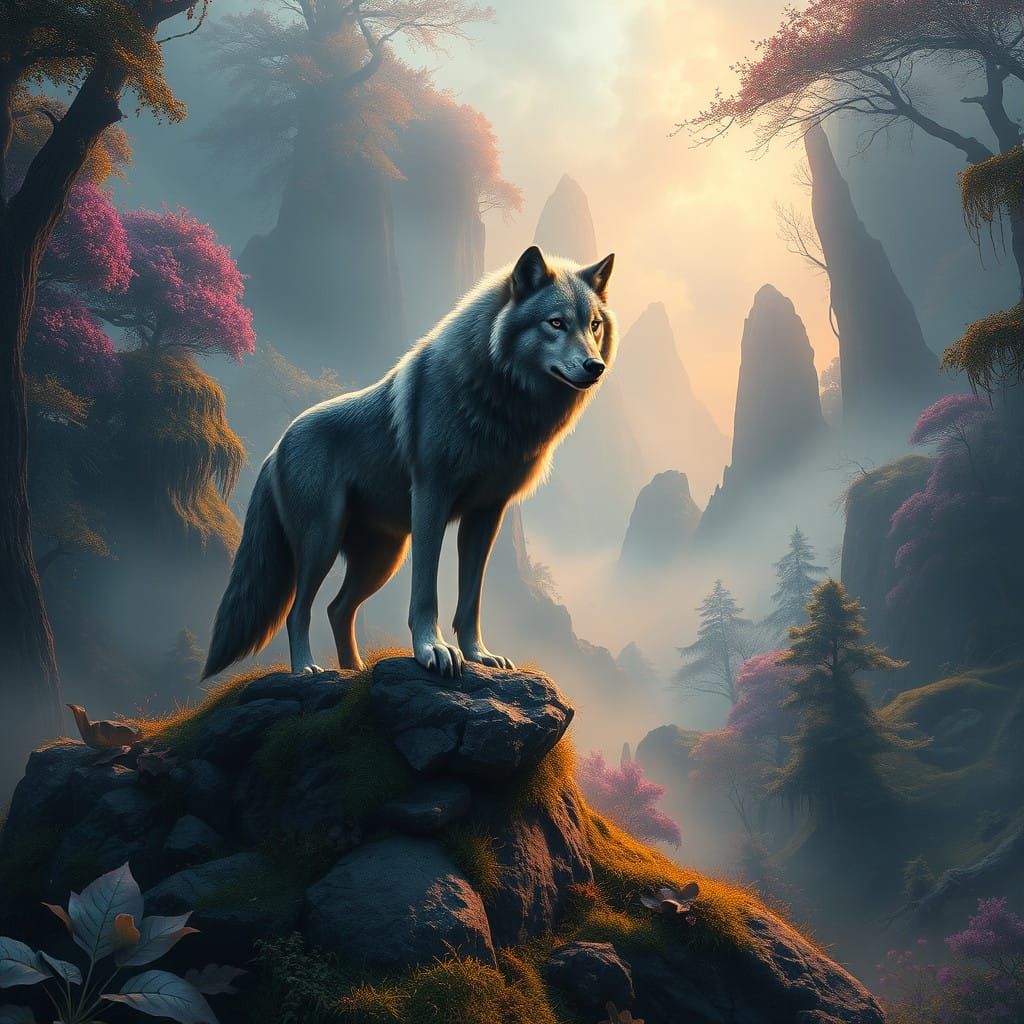 Wolf Standing on Ancient Ruin in Vibrant Landscape