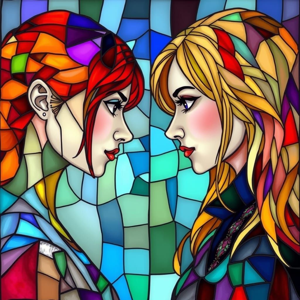 Two Women in Vibrant Stained Glass