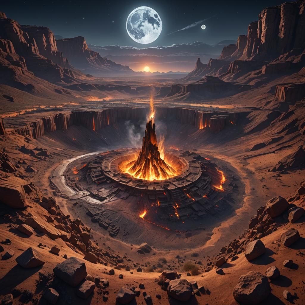 Desert Fire Pit Under Moon, Fantasy Concept Art