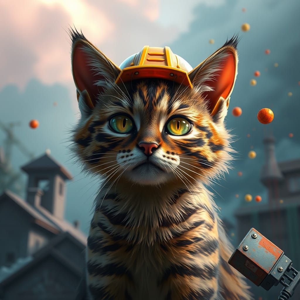 Whimsical Construction Feline in Vibrant Fantasy World