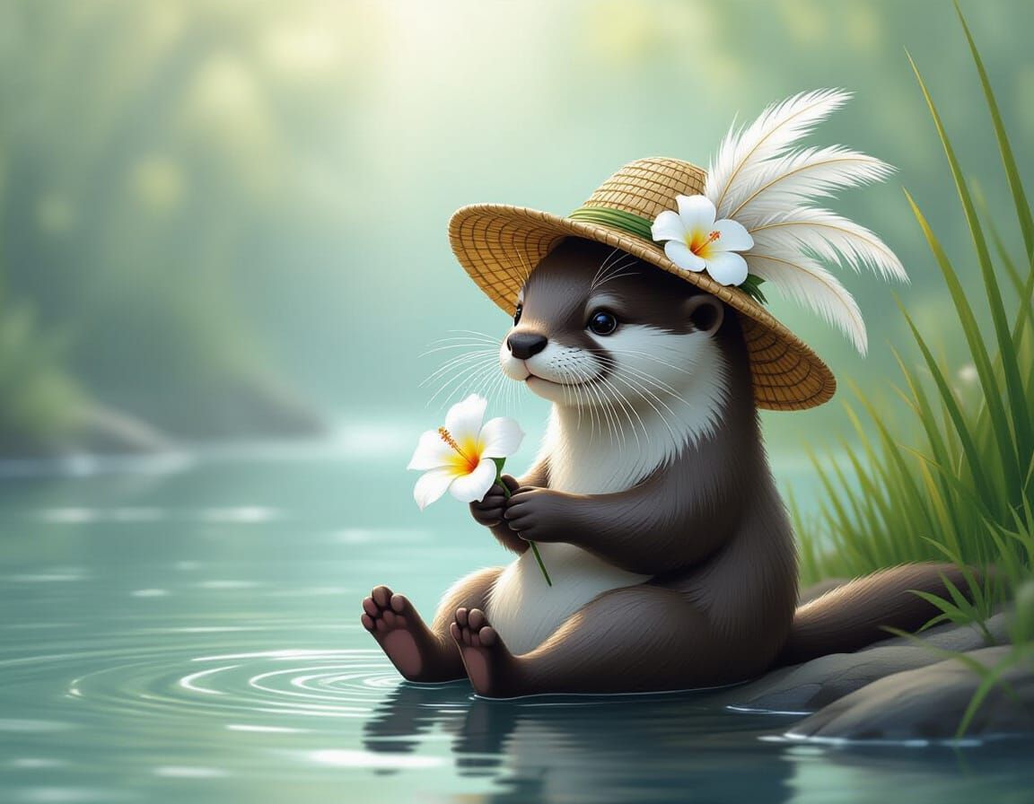 Anthropomorphic Otter with Flower on Misty Riverbank