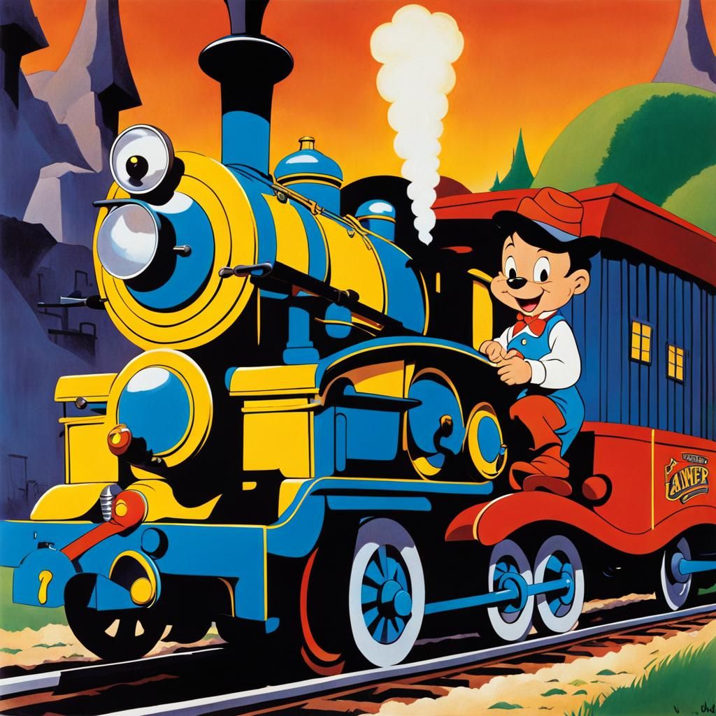 Classic Cartoon Train Chugs Up Steep Mountainside