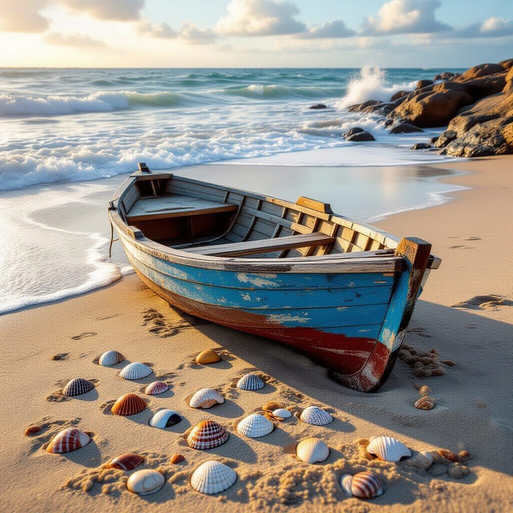 Abandoned Beach Boat Scene with Seashells and Footprints