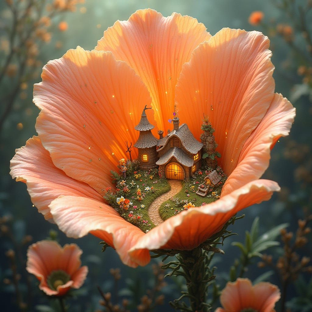 Whimsical Fairy Village in a Giant Blooming Flower