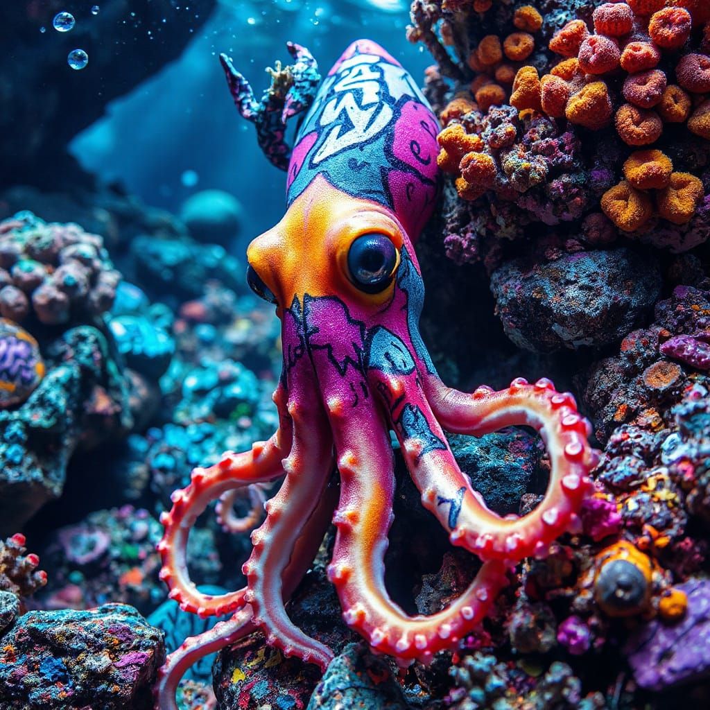 Graffiti Squid Camouflaged in Vibrant Urban Coral Reef
