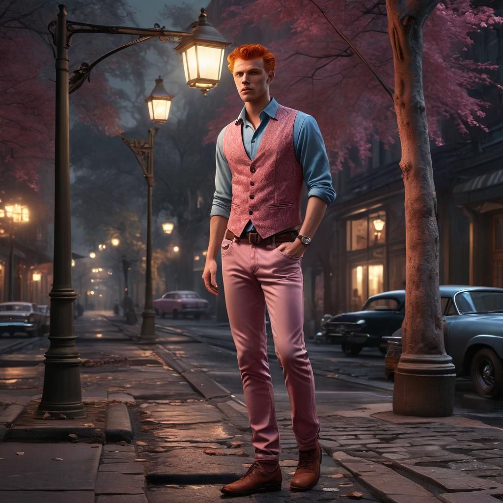 Redhead in Pink Under Streetlight: Matte Painting