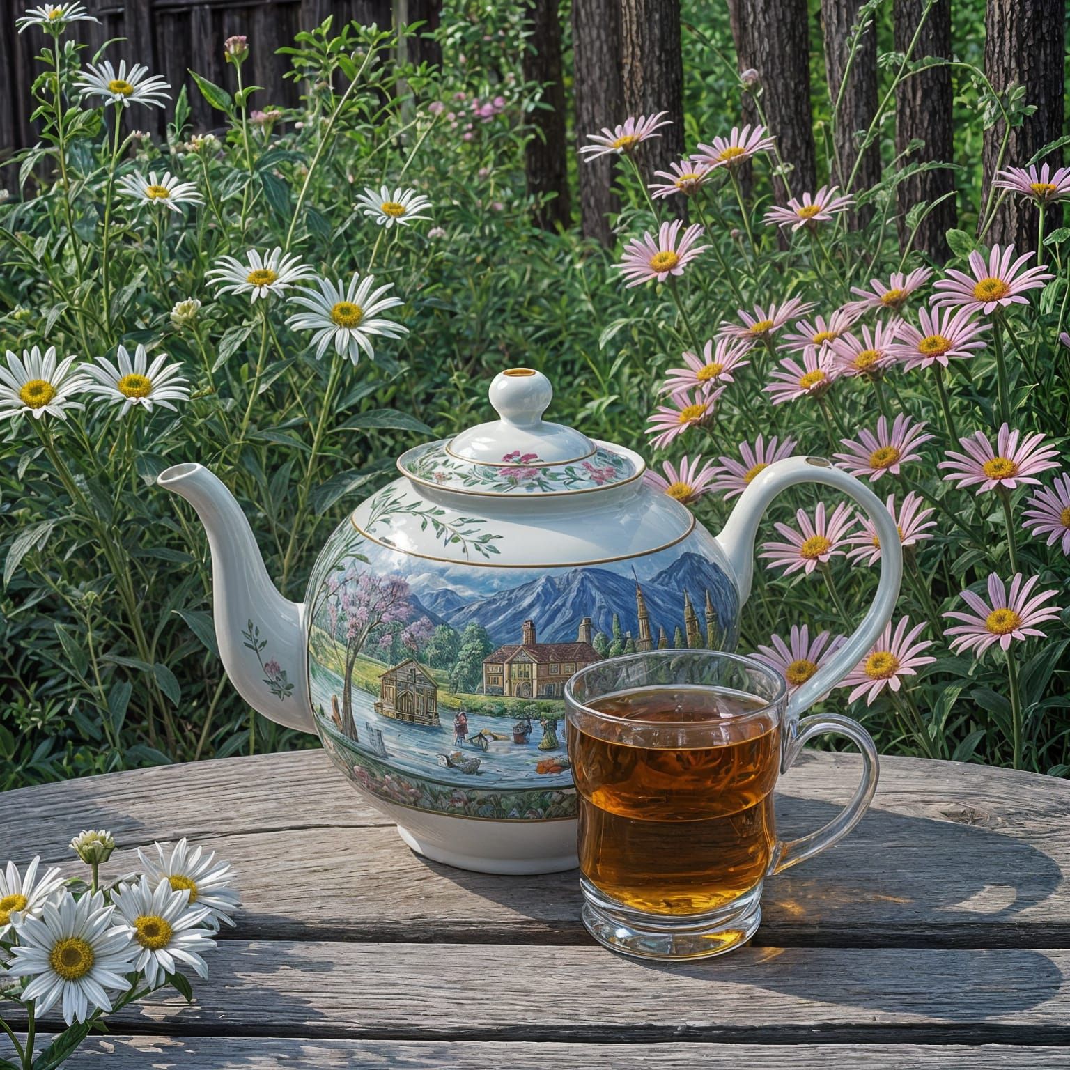 Teapot in Serene Garden Landscape with Hot Tea