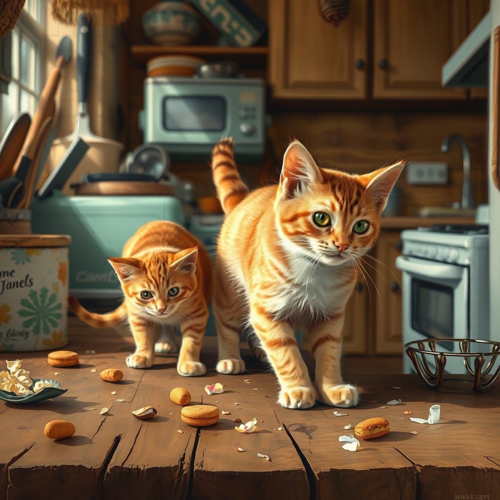 Golden Cats in a Cozy Kitchen Scene
