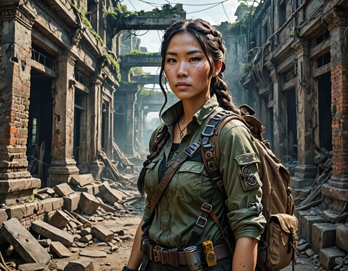 Asian Woman Explorer in Lovecraftian Post-Apocalypse
