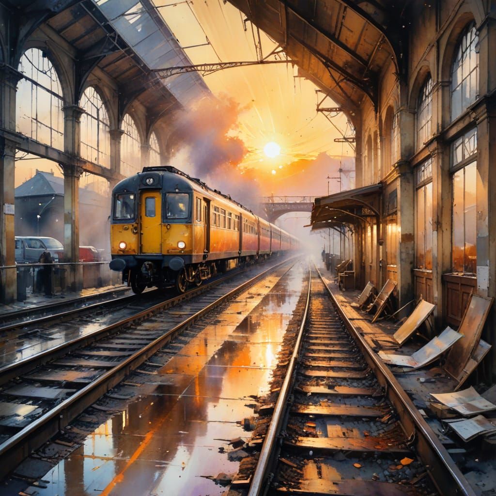 Ethereal Sunset at an Abandoned Railway Station